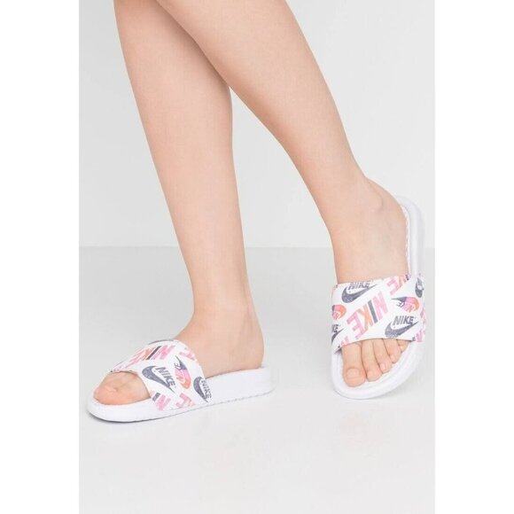 Nike Womens Benassi JDI Print White Black Lotus Pink Slip On Sandals Size‎ 11 - Picture 1 of 8
